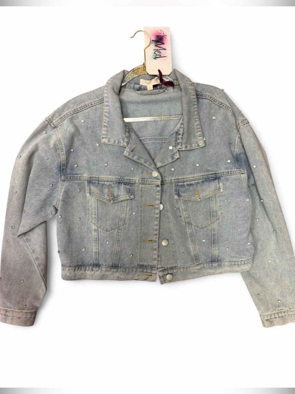 Cropped Light Wash Denim Jacket with Crystal Accents - Women's